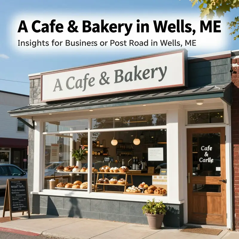 Sunlit storefront of A Cafe & Bakery showing bakery displays and outdoor entrance on Post Road, Wells, Maine.