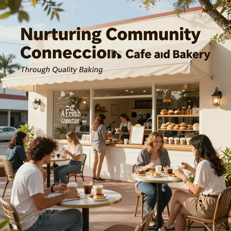 A vibrant scene showcasing A Fresh Connection Cafe and Bakery with customers enjoying the outdoor seating.