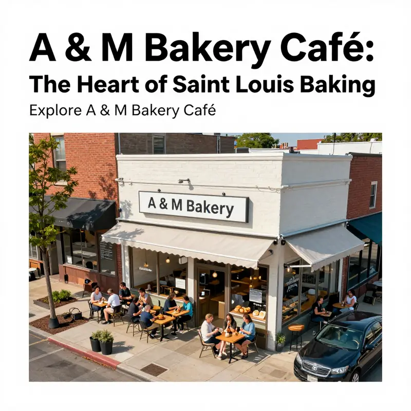 Aerial view of A & M Bakery Café surrounded by lively streets, showcasing its bustling outdoor seating.