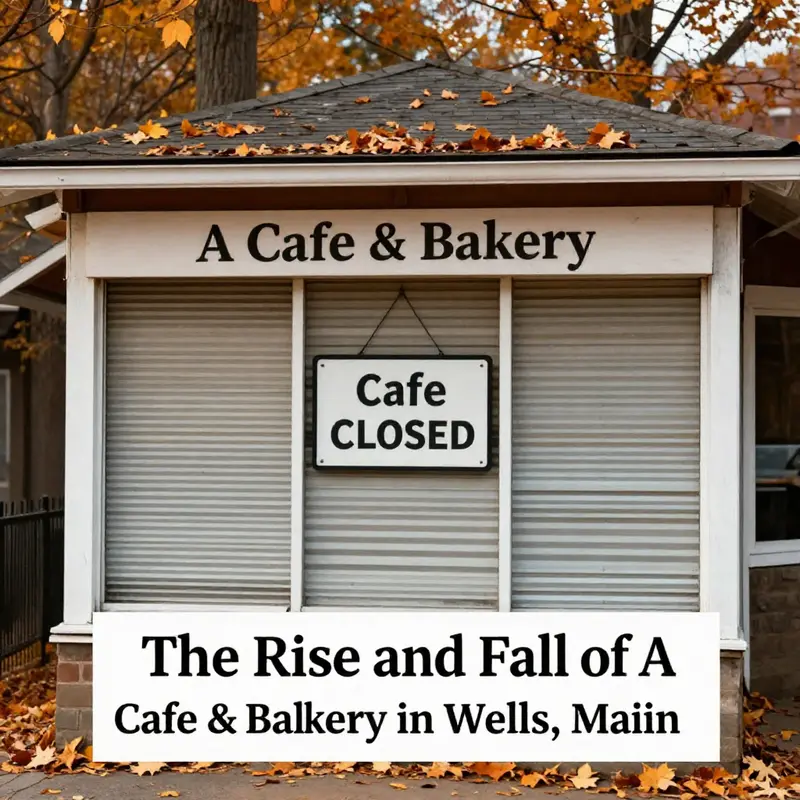 The closed storefront of A Cafe & Bakery in Wells, Maine, marking the end of its operations.