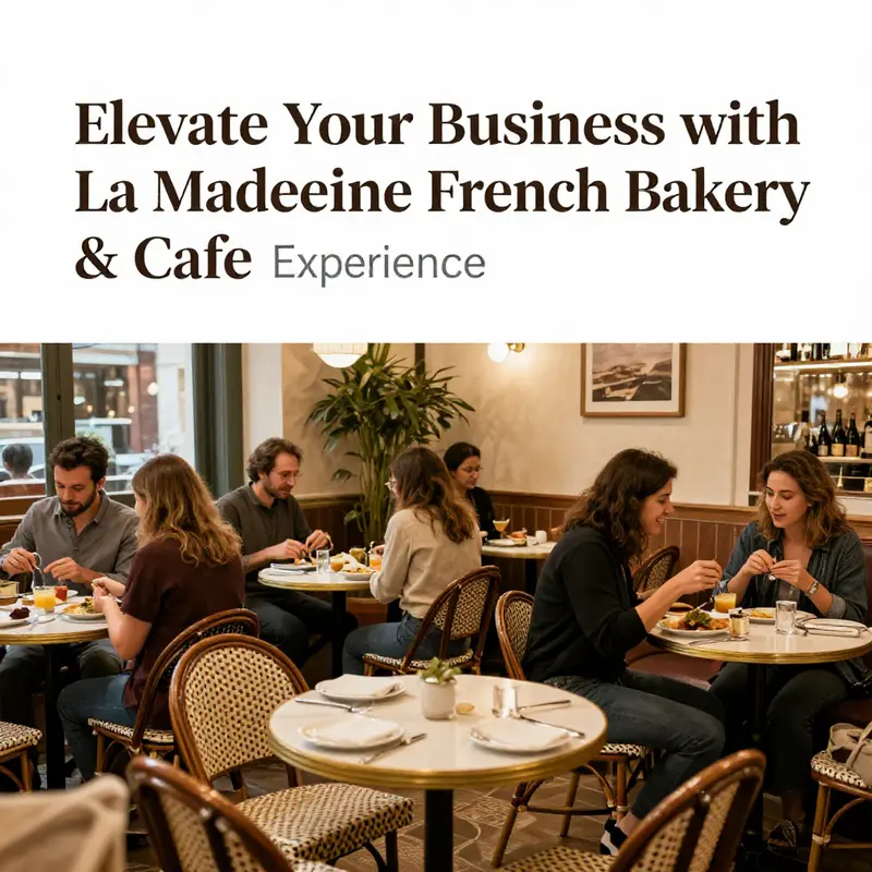 An enticing display of La Madeleine’s signature pastries and savory dishes.