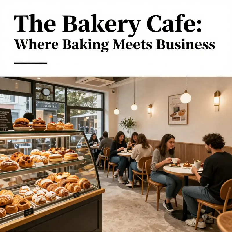 A lively bakery cafe scene with various baked goods and customers engaging.