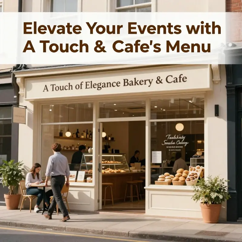 The exterior view of A Touch of Elegance Bakery & Cafe, bustling with customers enjoying their time.