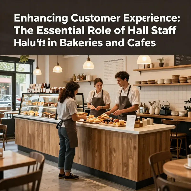 A vibrant image showcasing the lively environment of a bakery cafe, with hall staff serving and interacting with customers.