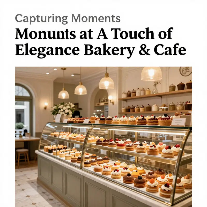 A warm and inviting interior view of A Touch of Elegance Bakery & Cafe with a display of brightly colored pastries.