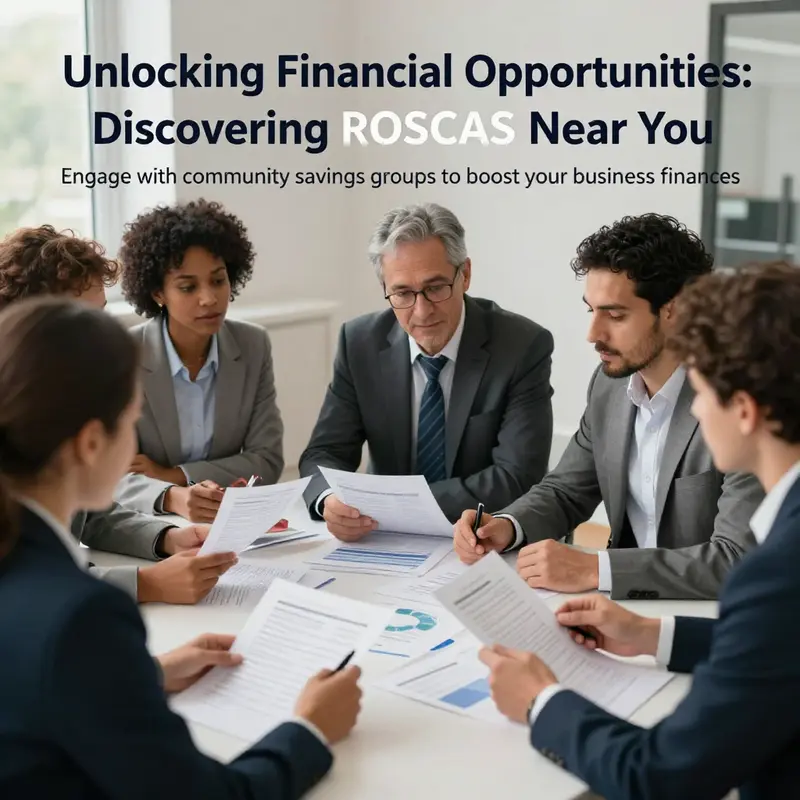 A diverse group of business owners engaged in discussion about ROSCAs, showcasing collaboration and financial innovation.