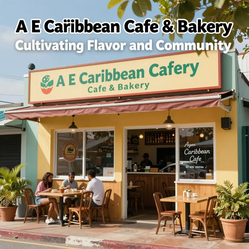 The exterior view of A E Caribbean Cafe & Bakery featuring outdoor seating and colorful signage, inviting customers inside.