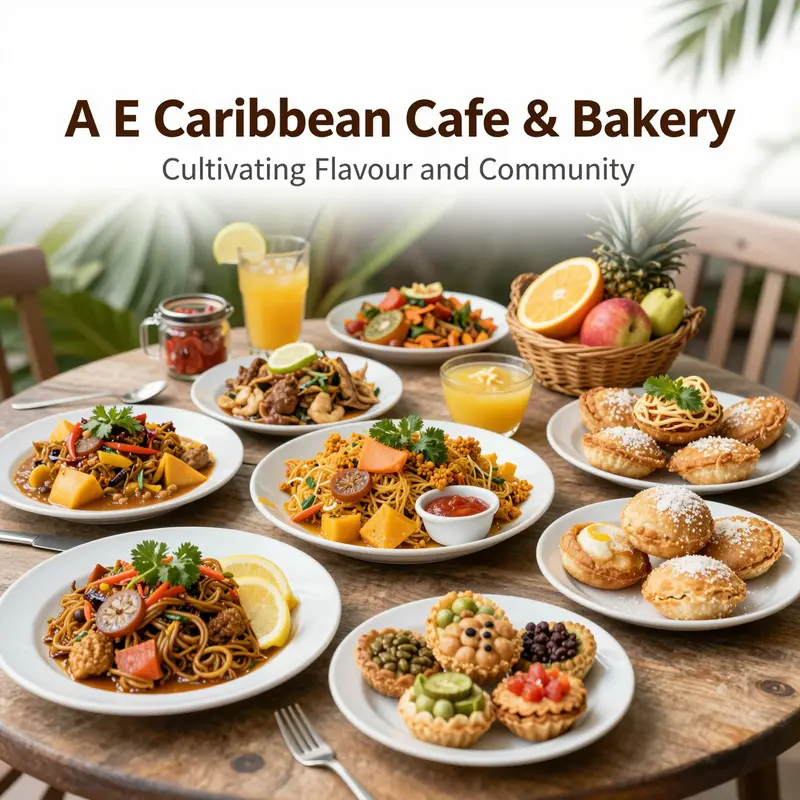 A stunning display of vibrant Caribbean dishes and fresh pastries from A E Caribbean Cafe & Bakery.