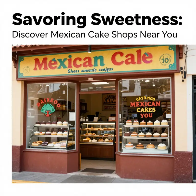 Exterior view of a vibrant Mexican cake shop with colorful signage and a display of pastries.