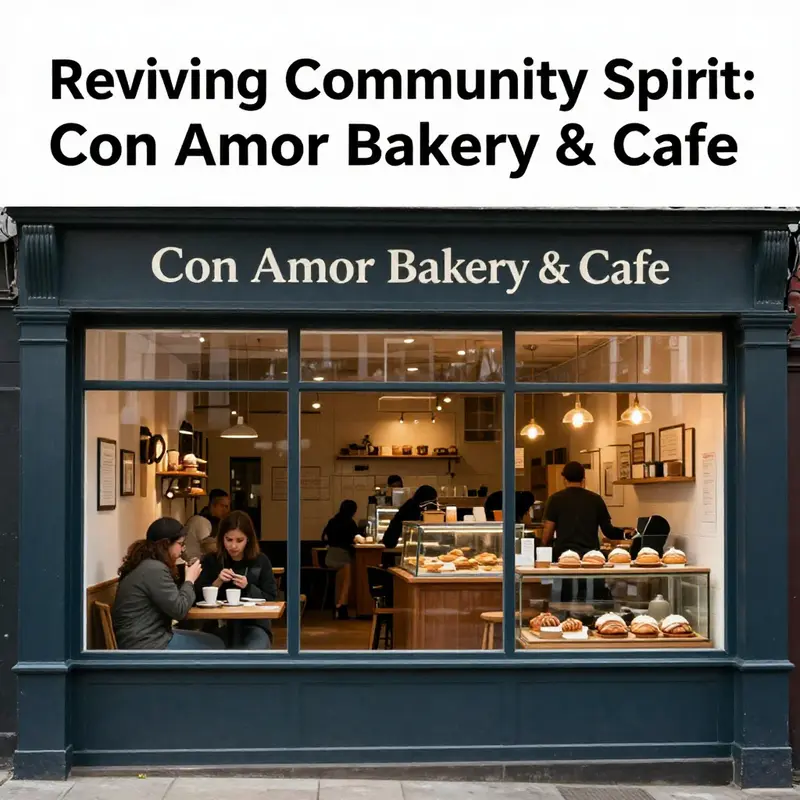 An exterior view of Con Amor Bakery & Cafe, showcasing its community-friendly entrance and vibrant atmosphere.