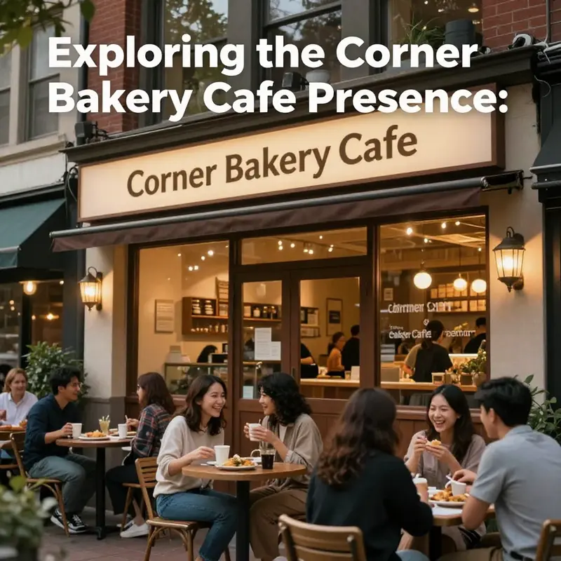 The exterior of a Corner Bakery Cafe, highlighting the sign and outdoor dining area with customers seated.