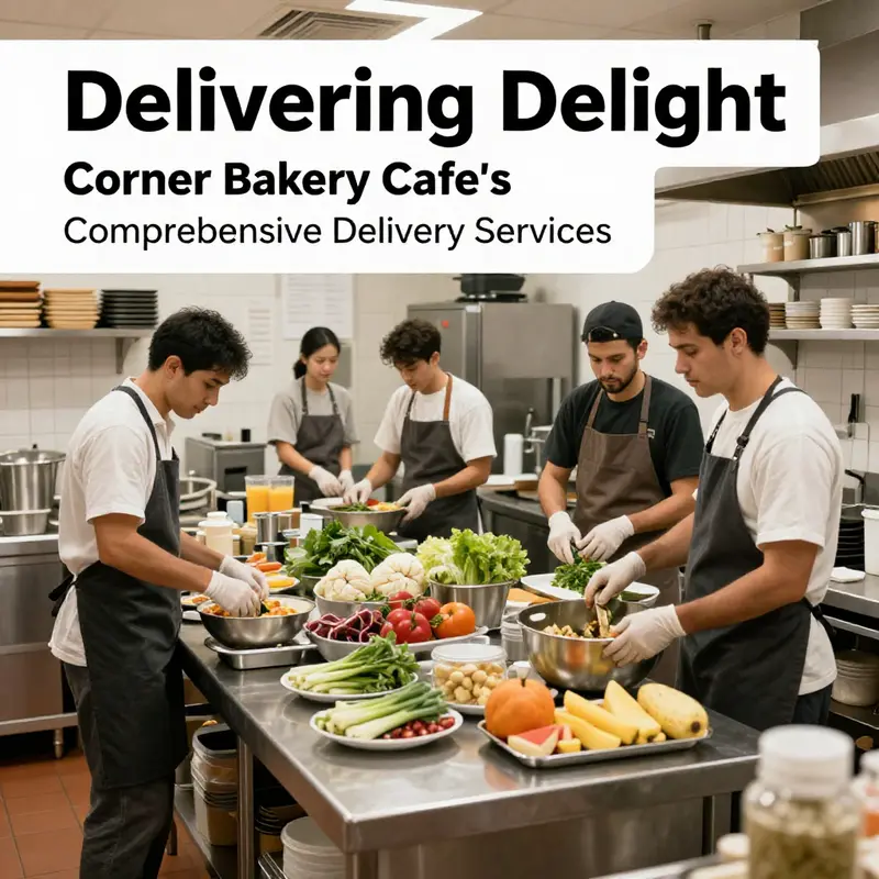 The bustling kitchen at Corner Bakery Cafe, preparing delicious meals for delivery.