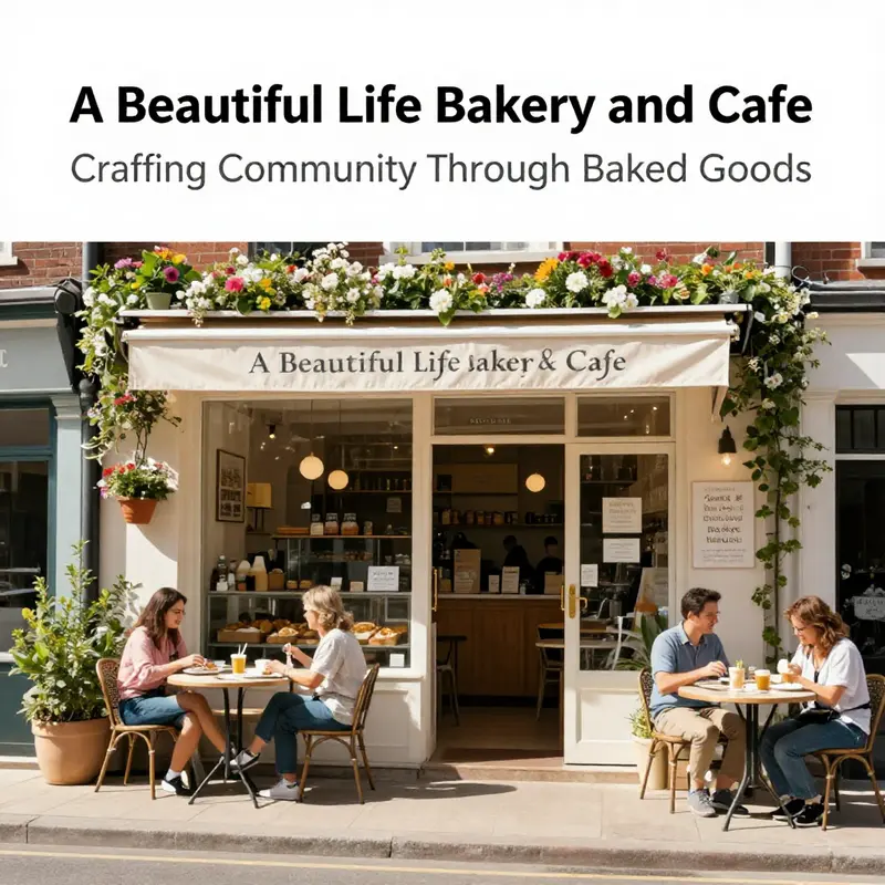 Exterior view of A Beautiful Life Bakery and Cafe featuring bright flowers, welcoming signs, and happy customers dining outside.