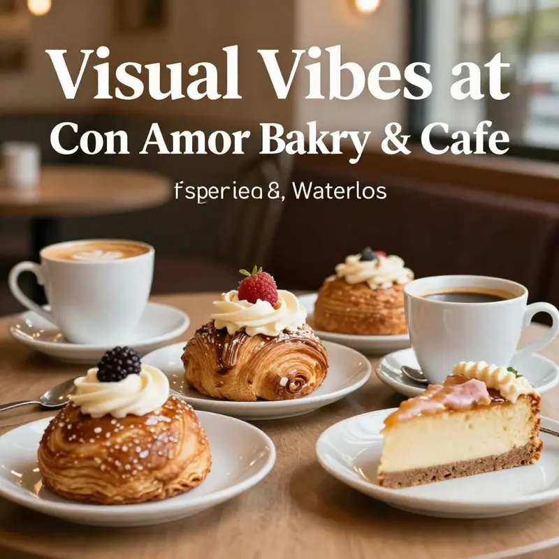 A display of pastries and coffee at Con Amor Bakery & Cafe, emphasizing the inviting atmosphere.