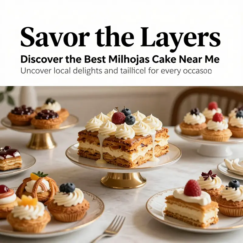 An array of beautifully presented pastries featuring a milhojas cake, set in an ambient bakery environment.
