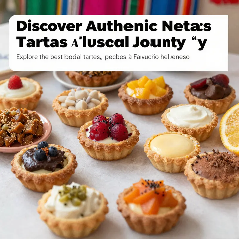 A colorful collage of various tartas, each showcasing distinct fillings and surrounded by traditional Mexican artistic elements.