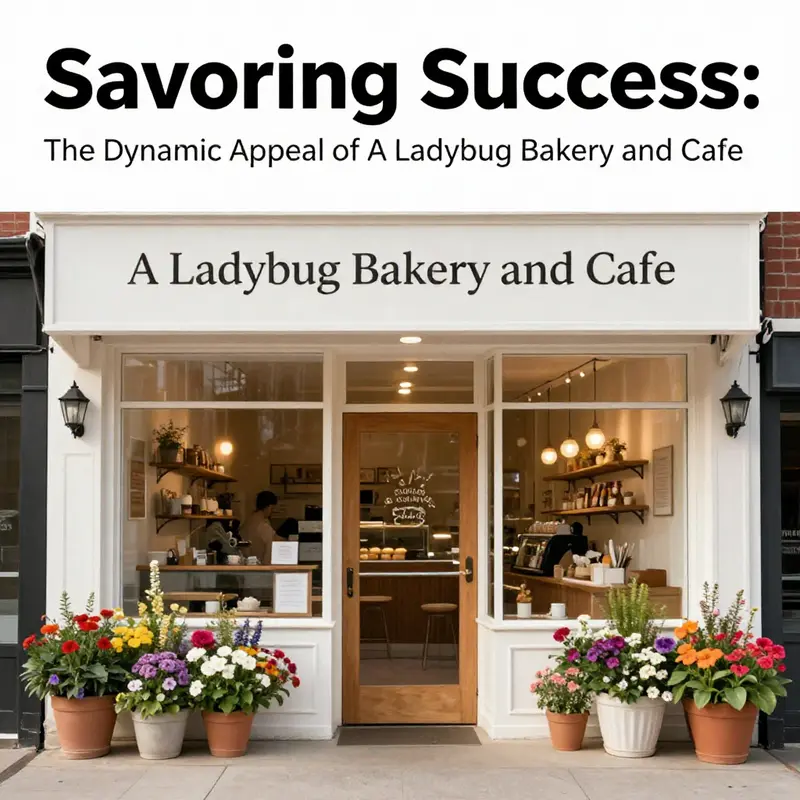The lively and welcoming front of A Ladybug Bakery and Cafe surrounded by blooming flowers.