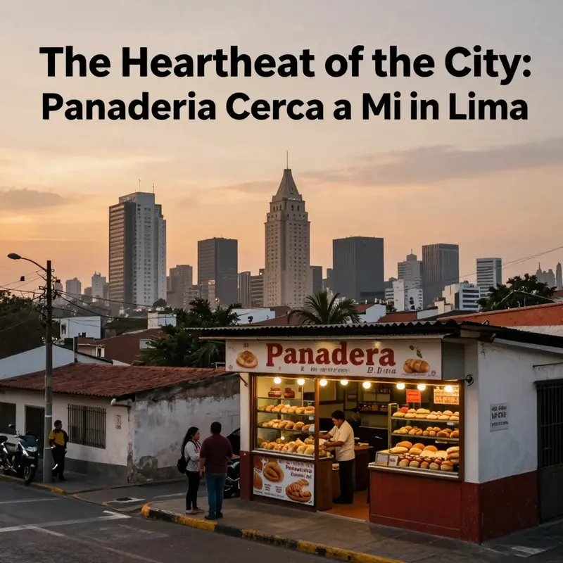 A beautiful sunset over Lima with a panaderia bustling with people in the foreground.