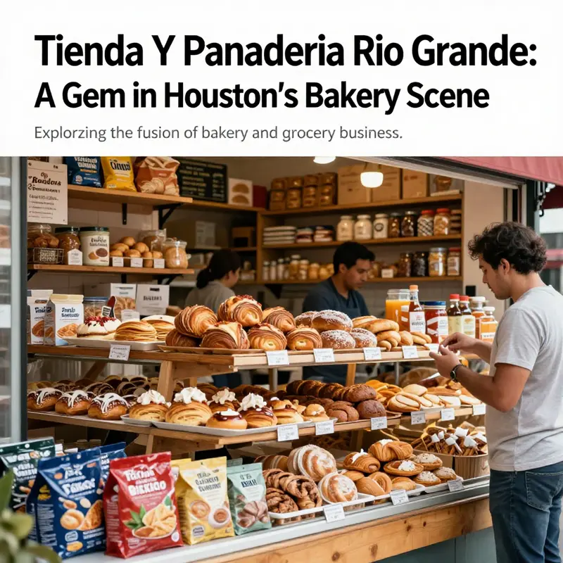 A collage of baked goods and grocery items from Tienda Y Panaderia Rio Grande, reflecting its dual offerings and community connection.