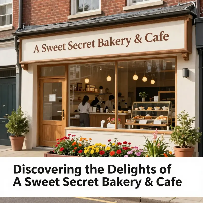 Exterior view of A Sweet Secret Bakery & Cafe with welcoming signage and vibrant flowers.