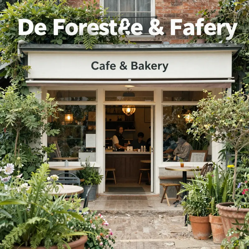 The exterior view of De Forest Cafe & Bakery with a charming garden and welcoming entrance, representing the café's appeal.