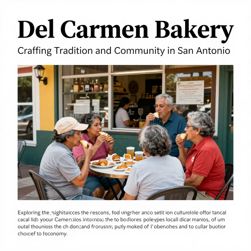 A joyful gathering of families outside Del Carmen Bakery, celebrating the culture and tradition of Mexican pastries in San Antonio.