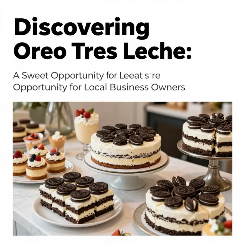 A photo of a colorful dessert table with multiple Oreo Tres Leches cakes and sweets offering a tempting display.