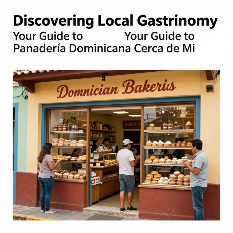 A picturesque Dominican bakery exterior with customers enjoying their pastries.