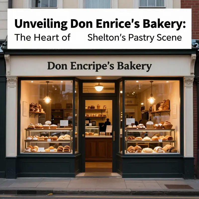 Exterior view of Don Enrique's Bakery at dawn with welcoming lights and baked goods displayed.