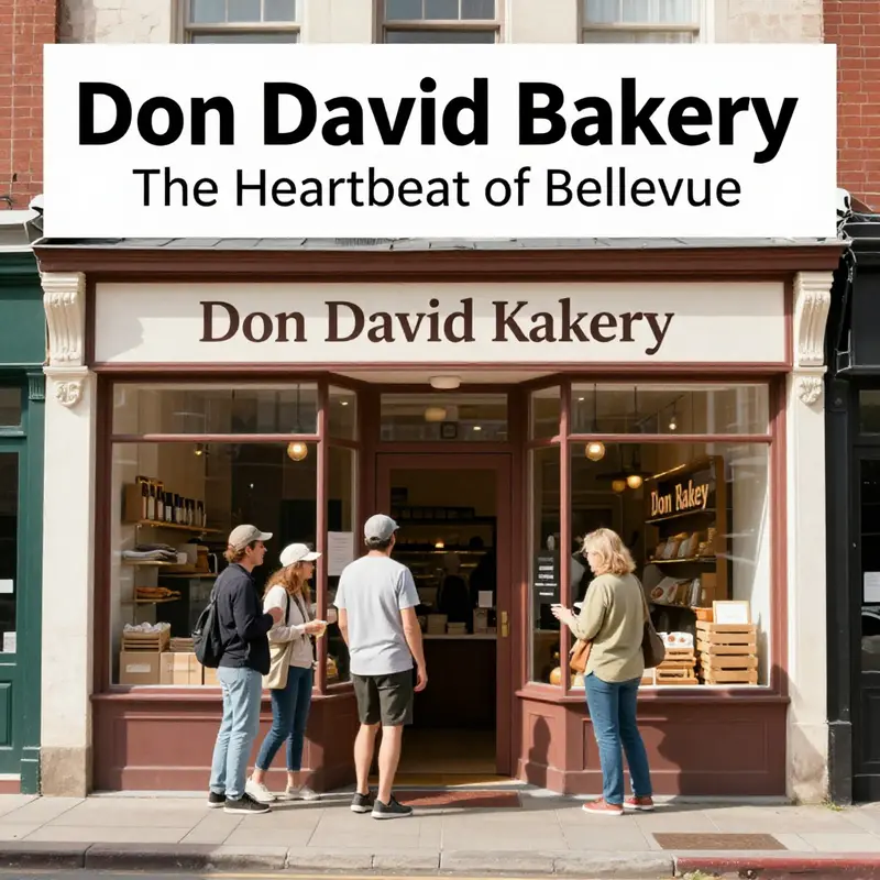 An exterior shot of Don David Bakery bustling with guests, representing its role as a community hub.