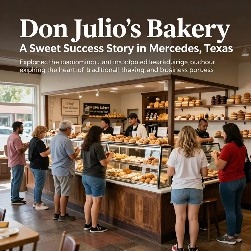 Interior view of Don Julio's Bakery in Mercedes, Texas, showcasing happy customers enjoying their traditional pastries.