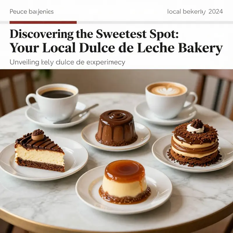 An inviting table spread featuring various dulce de leche pastries and a cup of coffee, showcasing the local bakery experience.