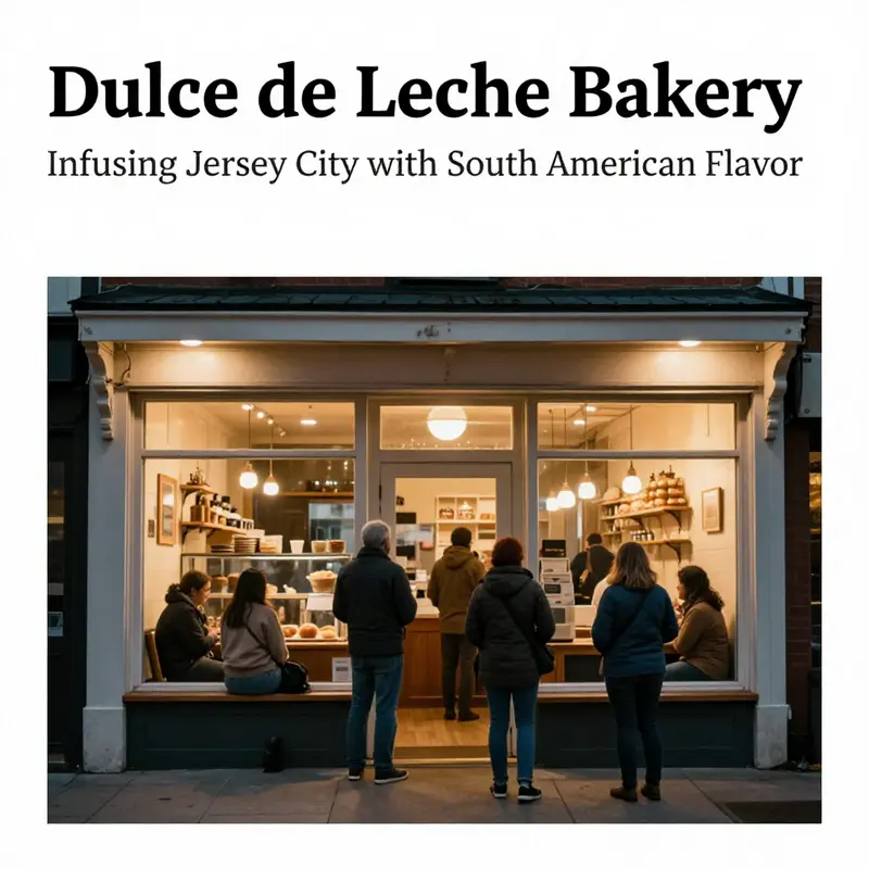 The exterior of Dulce de Leche Bakery at twilight, bustling with patrons and illuminated by soft lighting, showcasing its inviting ambiance.