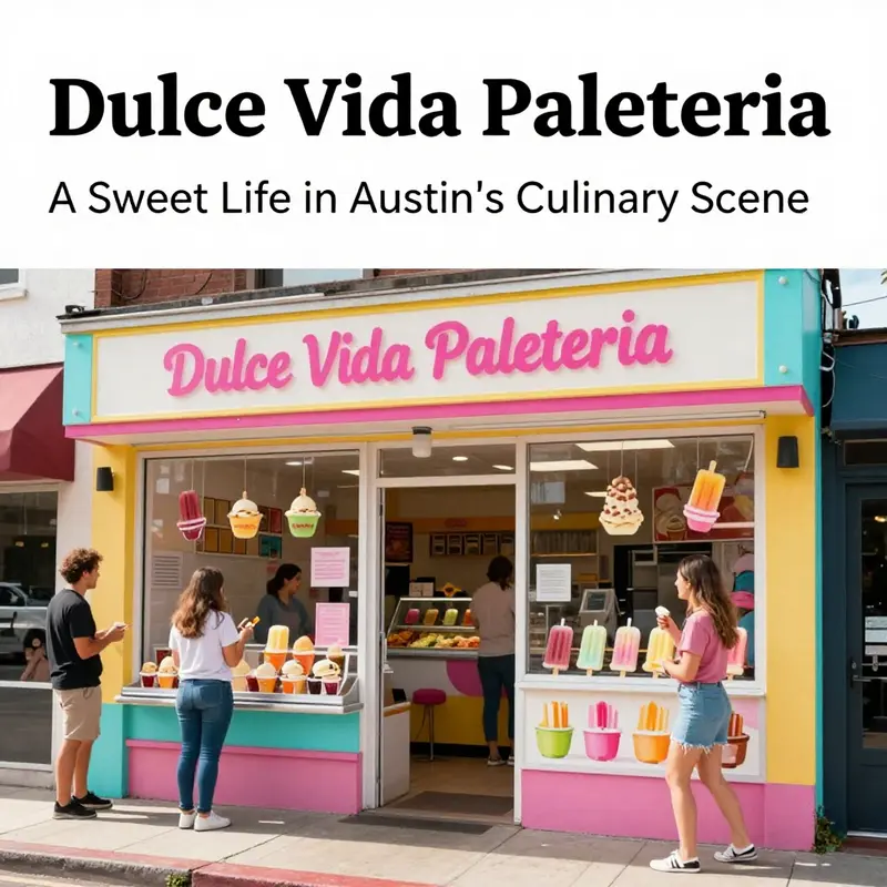 The colorful entrance of Dulce Vida Paleteria with customers enjoying paletas outside.