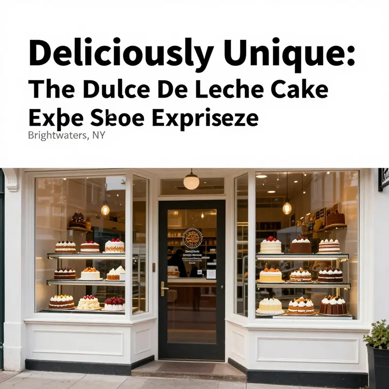 A warm and inviting view of Dulce De Leche Cake Shop, highlighting its enticing dessert selection through large glass windows.