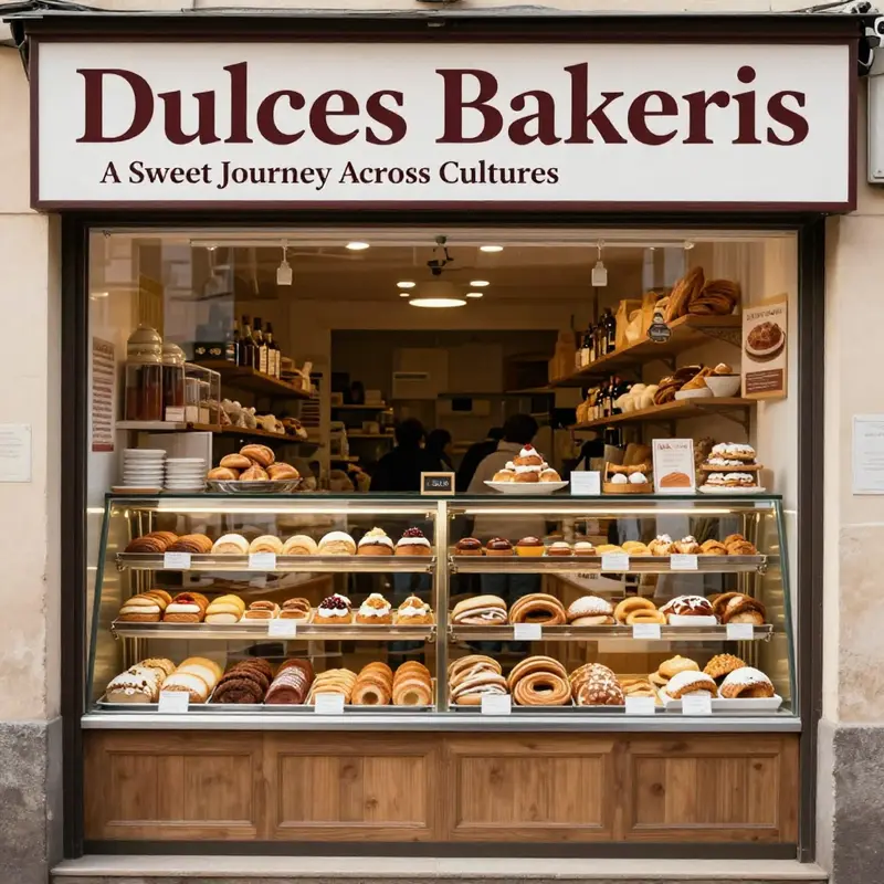 A lively bakery storefront showcasing diverse pastries and cakes, attracting customers with its colorful displays.