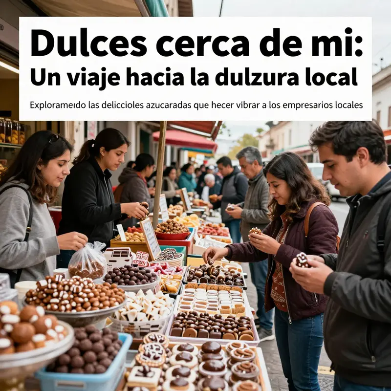 Vista de una calle con tiendas de dulces que muestran una variedad de golosinas y personas disfrutando de productos locales.