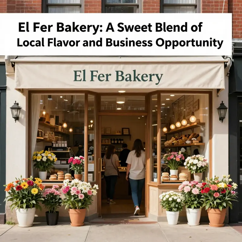 El Fer Bakery's exterior shows a welcoming atmosphere with customers entering and flowers decorating the entrance.