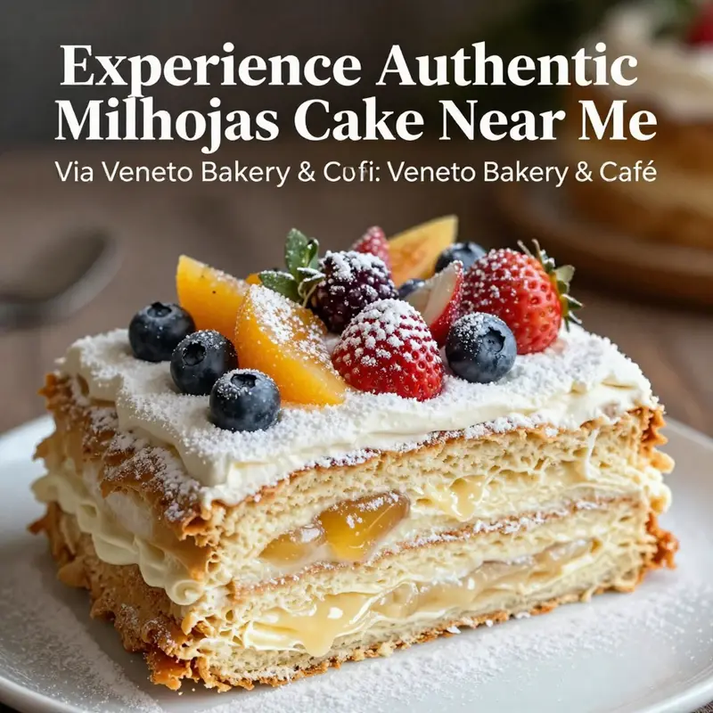 A vibrant local bakery, where customers explore the delicious offerings of milhojas cake.