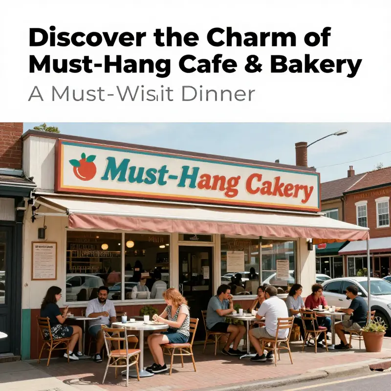 Exterior view of Must-Hang Cafe & Bakery with happy diners and vibrant decor.