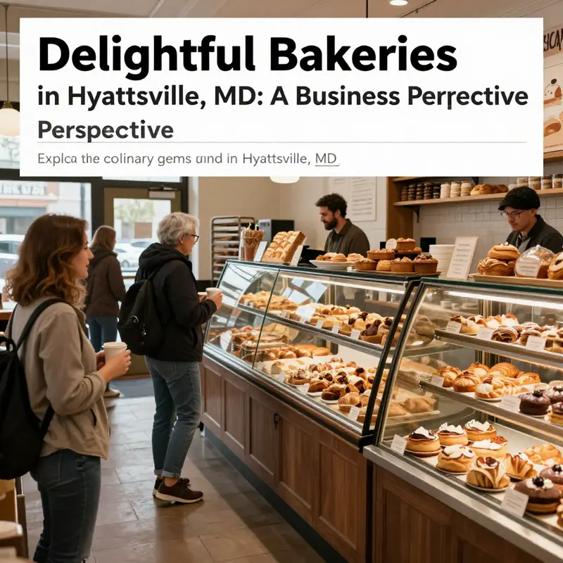 A lively image depicting the bakery culture in Hyattsville, with happy patrons and an array of baked goods.
