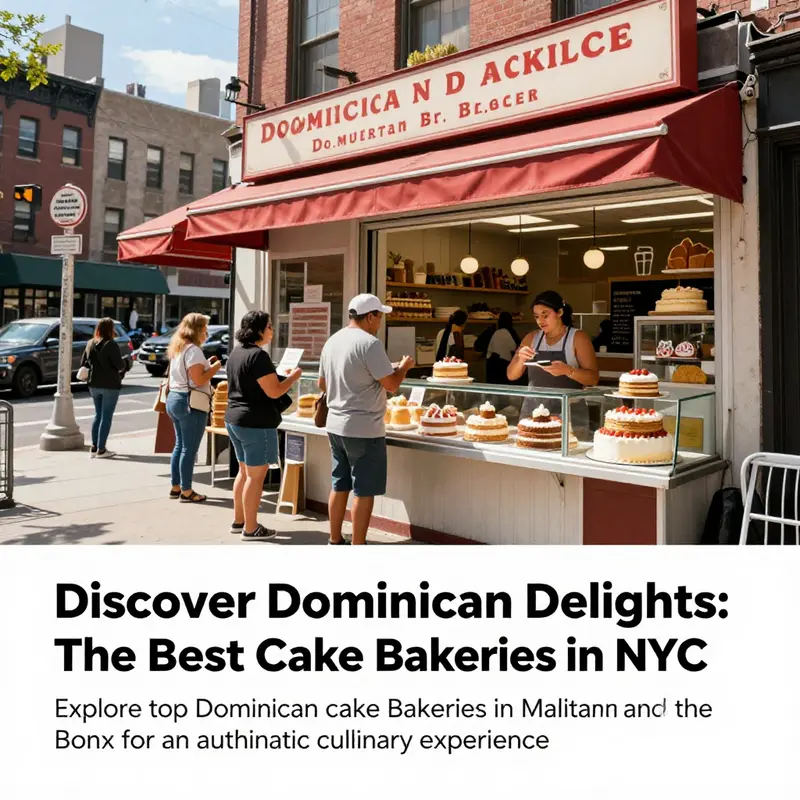 A lively New York City Dominican cake bakery with customers enjoying sweets on a sunny day.