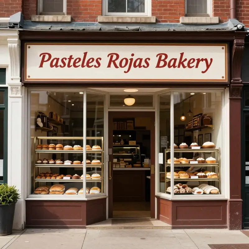 The exterior view of Pasteles Rojas Bakery with baked goods in the window, indicating a welcoming and clean environment.