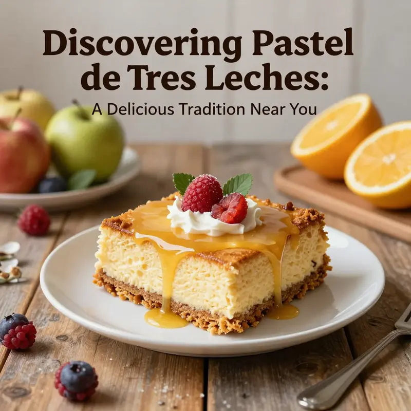 A beautifully plated Pastel de Tres Leches with fresh fruits, evoking a warm and inviting dessert atmosphere.