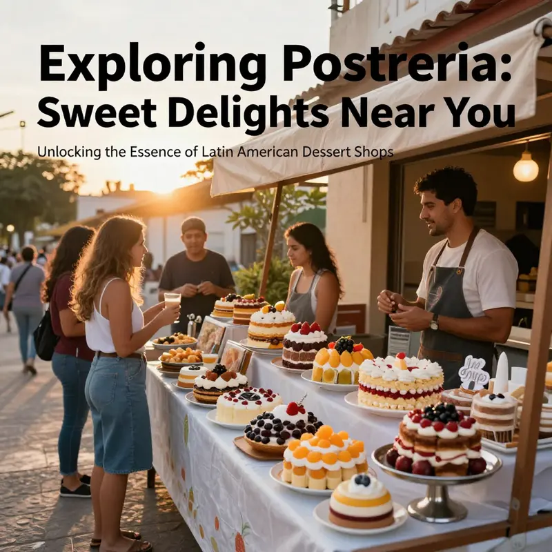 Outdoor scene of a vibrant postrería with people enjoying desserts.