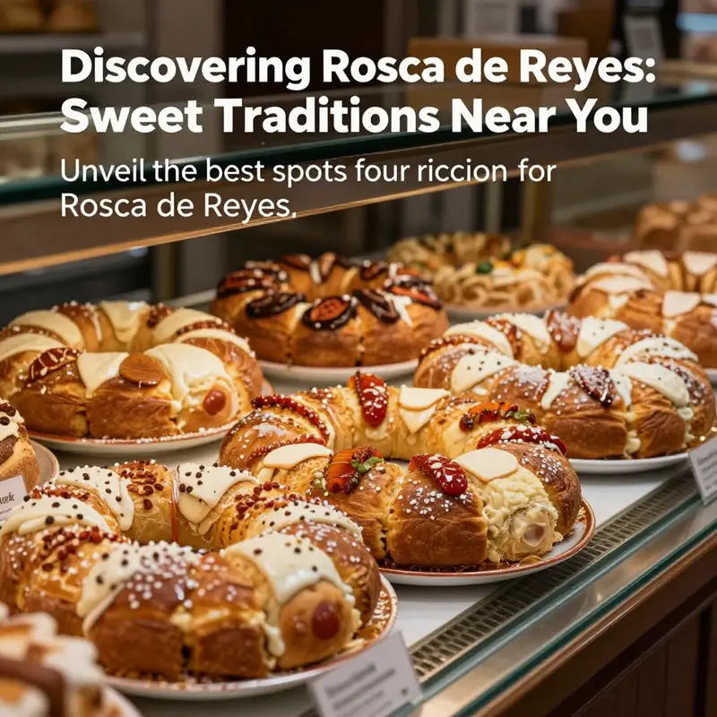 A beautifully arranged selection of Rosca de Reyes cakes in a charming bakery environment.