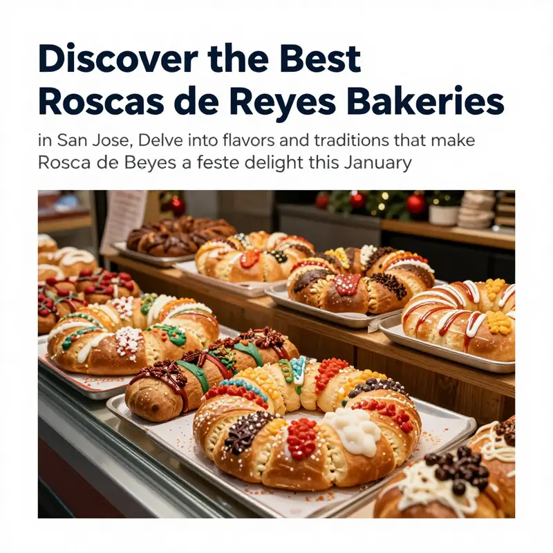 A bakery filled with colorful Roscas de Reyes pastries displayed attractively with festive decorations.