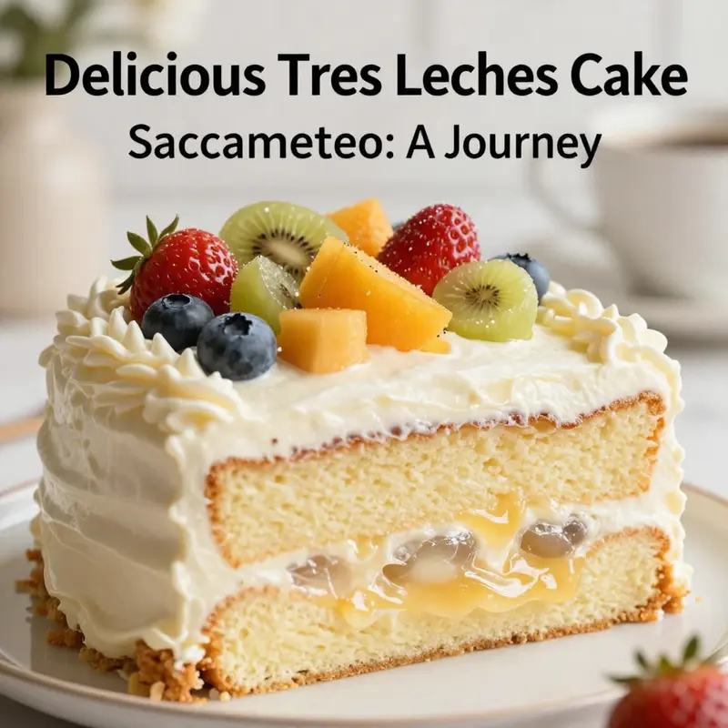 A close-up image of a delicious tres leches cake with layers of cream and fresh fruit toppings.