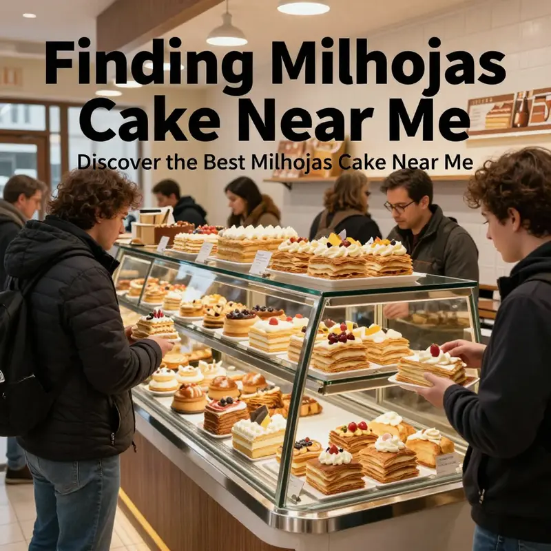 A vibrant local bakery, where customers explore the delicious offerings of milhojas cake.