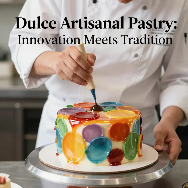 A pastry chef perfecting the mirror glaze technique, revealing the craft behind Dulce Artisanal Pastry.